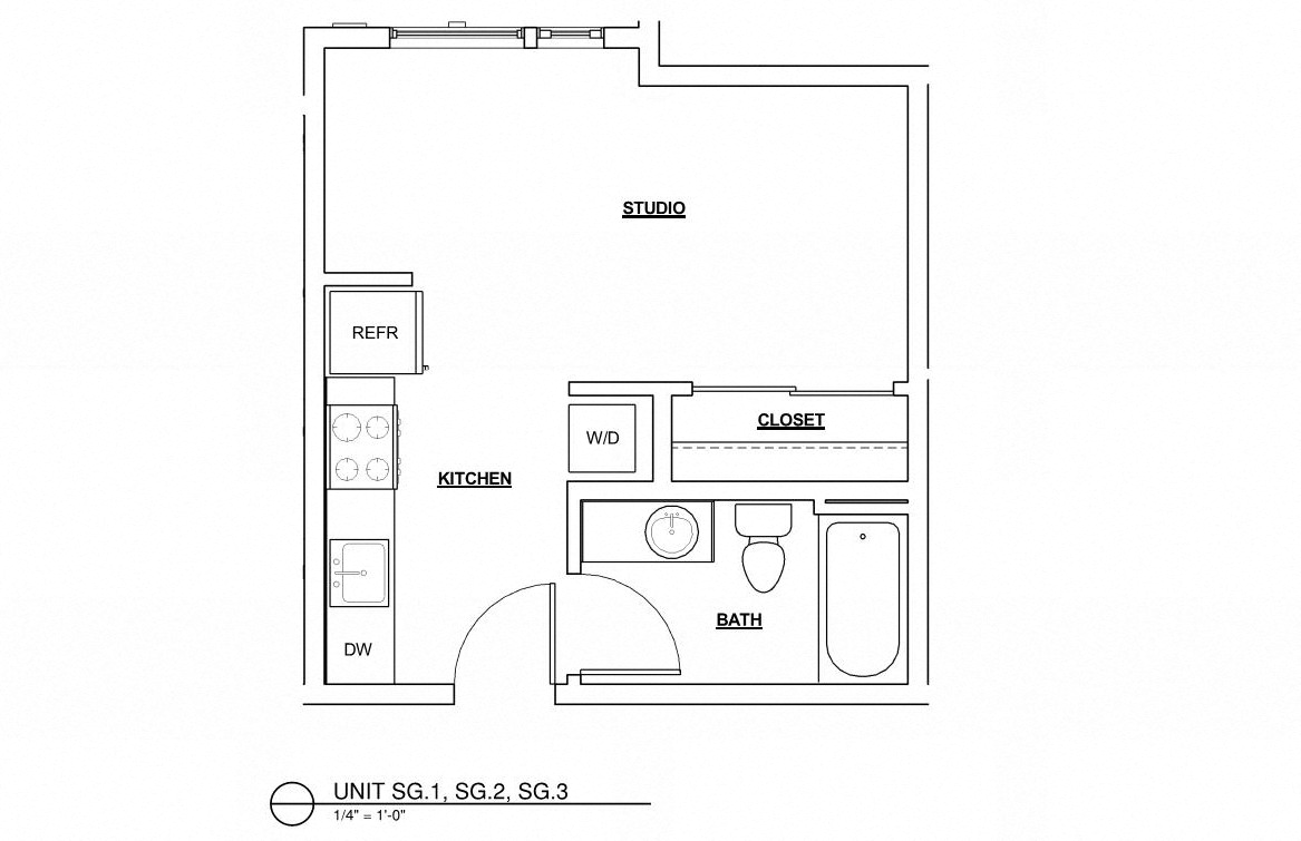 Floor plan for studio, 1 bath, 357 sqft